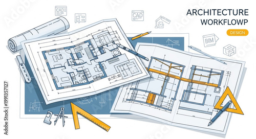 Architectural blueprints and drafting tools for construction planning.