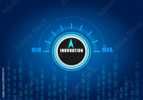 Futuristic innovation showcase with glowing binary code flowing across a sleek digital abstract background, blue neon tones, high-tech atmosphere