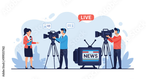 Television news crew filming a female reporter in a studio setting with cameramen, equipment, and a live broadcast sign visible on a screen.