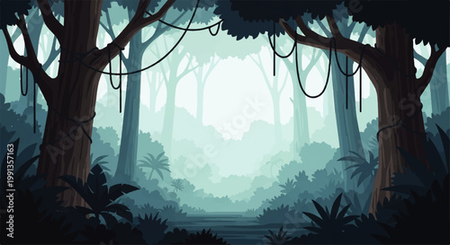 Vector flat design illustration of a lush, misty jungle path with hanging vines and dense tropical foliage