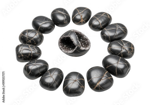 Arrangement of black circular beads forming an elegant circular pattern. isolated on transparent background
