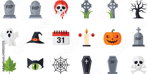Halloween icons vector set featuring skull ghost pumpkin coffin tombstone spider web candle witch hat and spooky elements isolated on light background