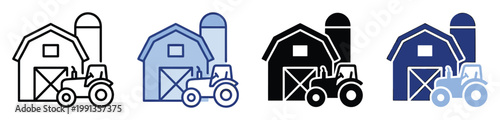 Agricultural farm icons featuring barn, silo, and tractor in various styles for digital media and app interfaces