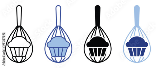 Kitchen utensil whisk holding a delicious cupcake icon variations, ideal for cooking blogs, food packaging, and bakery promotional graphics.