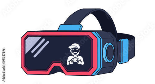 Modern virtual reality headset with a gamer character icon illustration.