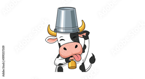 Funny cartoon cow with black spots sticking its tongue out and wearing a metal bucket on its head like a hat, isolated on a white background.