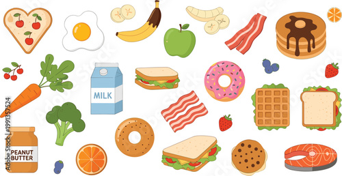 Large set of breakfast and snack food vector illustrations including pancakes donuts sandwiches bacon milk fruits and sweets isolated on light background