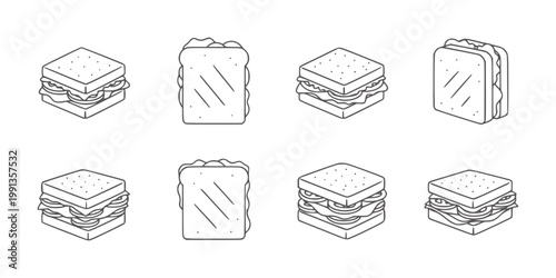 Eight isometric line sandwiches with various fillings and perspectives food breakfast