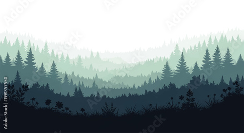 Vector flat design illustration of a misty forest landscape with layered evergreen trees and rolling hills in cool blue