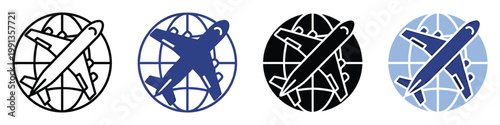 Stylized airplane encircling a globe icon for worldwide transportation services and international business applications