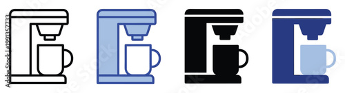 Coffee maker machine icon set with mug in various styles ideal for kitchen appliance user interfaces and food service designs