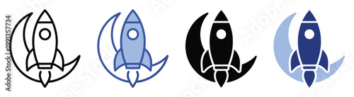 Rocket launching across a crescent moon symbolizing startup success and cosmic exploration suitable for business innovation apps.