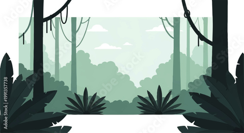 Vector flat design illustration of a lush green jungle landscape with dense foliage and hanging vines creating a serene