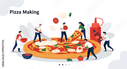 Group of tiny chefs working together to prepare a giant pizza by adding toppings like tomatoes and cheese in a fun and collaborative kitchen.