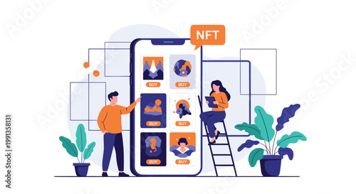 People buying digital art on an NFT marketplace app using a large smartphone screen displaying various unique character portraits for sale.