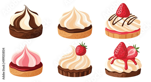 Six delicious small cakes and tarts topped with whipped cream, chocolate drizzle, and fresh strawberries for a sweet dessert selection.