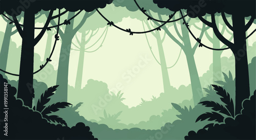 Vector flat design illustration of a lush jungle with dense trees and hanging vines creating a mysterious atmosphere