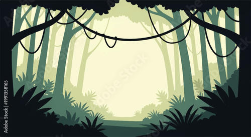 Vector flat design illustration of a lush jungle path with hanging vines and dense foliage creating a mysterious