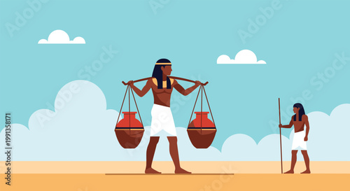 Ancient Egyptian workers in traditional clothing carrying water pots on their shoulders across a sandy desert under a clear blue sky.
