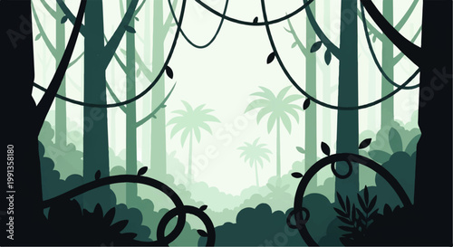 Vector flat design illustration of a lush green jungle canopy with hanging vines and palm trees in a misty forest