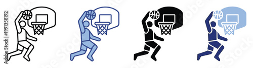 A dynamic basketball player icon performing a slam dunk with a ball and hoop for sports apps and game interfaces.