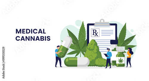 Medical cannabis concept with tiny doctors and pharmacists standing near large marijuana leaves, pills, oil bottles, and a prescription paper.
