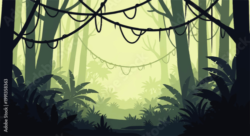 Vector flat design illustration of a lush, dense jungle canopy with hanging vines and tropical foliage in muted green