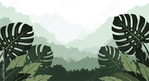 Vector flat design illustration of a lush green jungle landscape with large monstera leaves and misty mountains