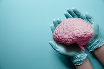 doctor hands holding brain model autistic brain on light blue background, stroke, epilepsy and alzheimer's disease, stroke,world mental health day, hands giving a red heart. praying concept
