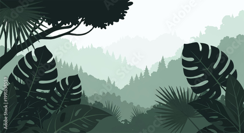 Vector flat design illustration of a lush green jungle landscape with misty mountains and tropical foliage in silhouette