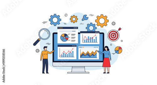 Business data analysis concept with tiny people standing near large computer screen displaying various financial charts, graphs, and cogwheel icons.