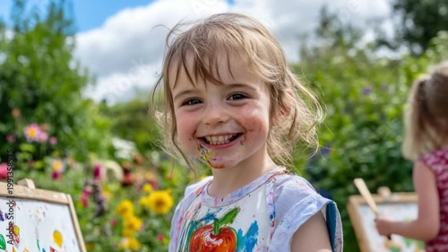 Happy Child Painting Outdoors in a Colorful Garden with Flowers and Smiles. Explore Nature and Creativity of Children with Arts and Crafts in a Beautiful Scene. Generative AI