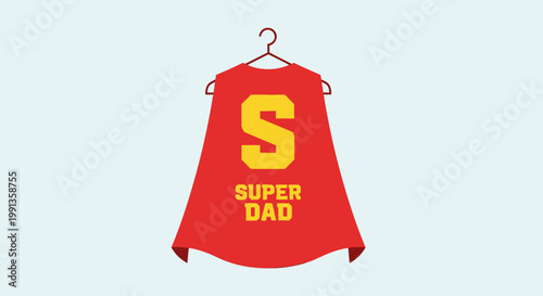 Red superhero cape with Super Dad text hanging on a coat hanger.