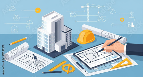 Architectural design workspace with blueprint.