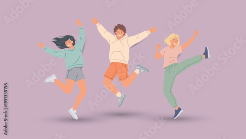Three happy young people jumping in the air with arms and legs spread, celebrating joy and freedom in a vibrant illustration.