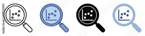 Magnifying glass analyzing scatter plot data to find business insights and explore market trends for statistical research.