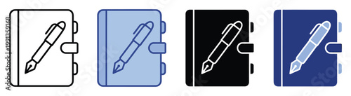 Notebook with fountain pen icon representing writing education and planning for business and personal productivity applications