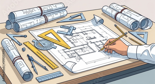 Architectural Drafting Tools and Blueprints on a Table.