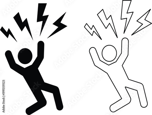 Electric shock hazard and sudden inspiration icon set with lightning bolts, safety warning vector illustration