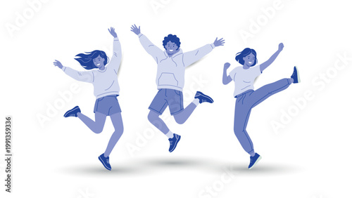 Three joyful young people, two women and one man, jumping high in the air with arms outstretched, celebrating happiness and freedom.