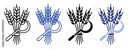 Agriculture and harvest symbol featuring a bundle of ripe wheat ears with a traditional sickle for farming related graphic designs