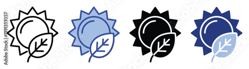 Renewable energy symbol with sun and leaf indicating ecological power sources for environmental projects