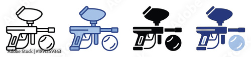 Paintball gun marker and projectile icons for gaming equipment and sports activity applications