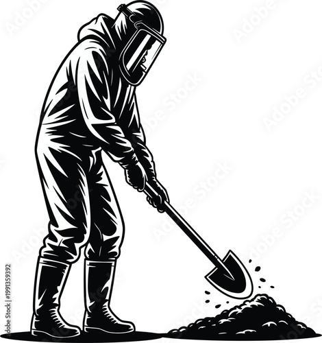 Worker in hazmat suit and safety gear shoveling waste, industrial cleanup and environmental protection vector