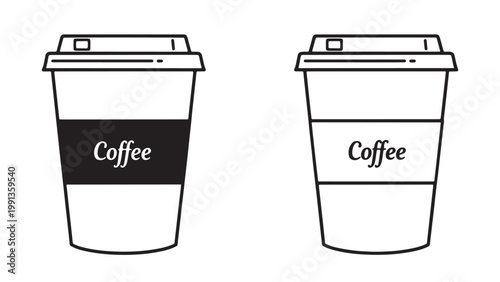 Minimalist Black and White Line Art Illustration of Two Disposable Coffee Cups with Lids and 'Coffee' Text, Perfect for Cafe Branding