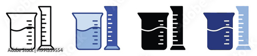 Laboratory glassware icons featuring a measuring beaker and graduated cylinder in various graphic styles for scientific design projects