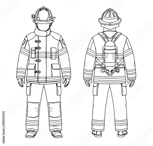 Firefighter uniform line art front and back view with protective gear details