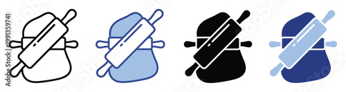Rolling pin and dough baking ingredient icon set for kitchen cooking applications or culinary recipe websites