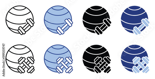 Fitness stability ball and dumbbells icon collection for health and exercise applications or gym training materials.