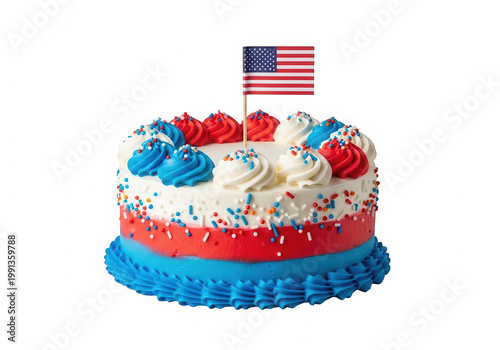 Patriotic themed layered cake with red, white, and blue decorations and an american flag topper isolated on transparent background